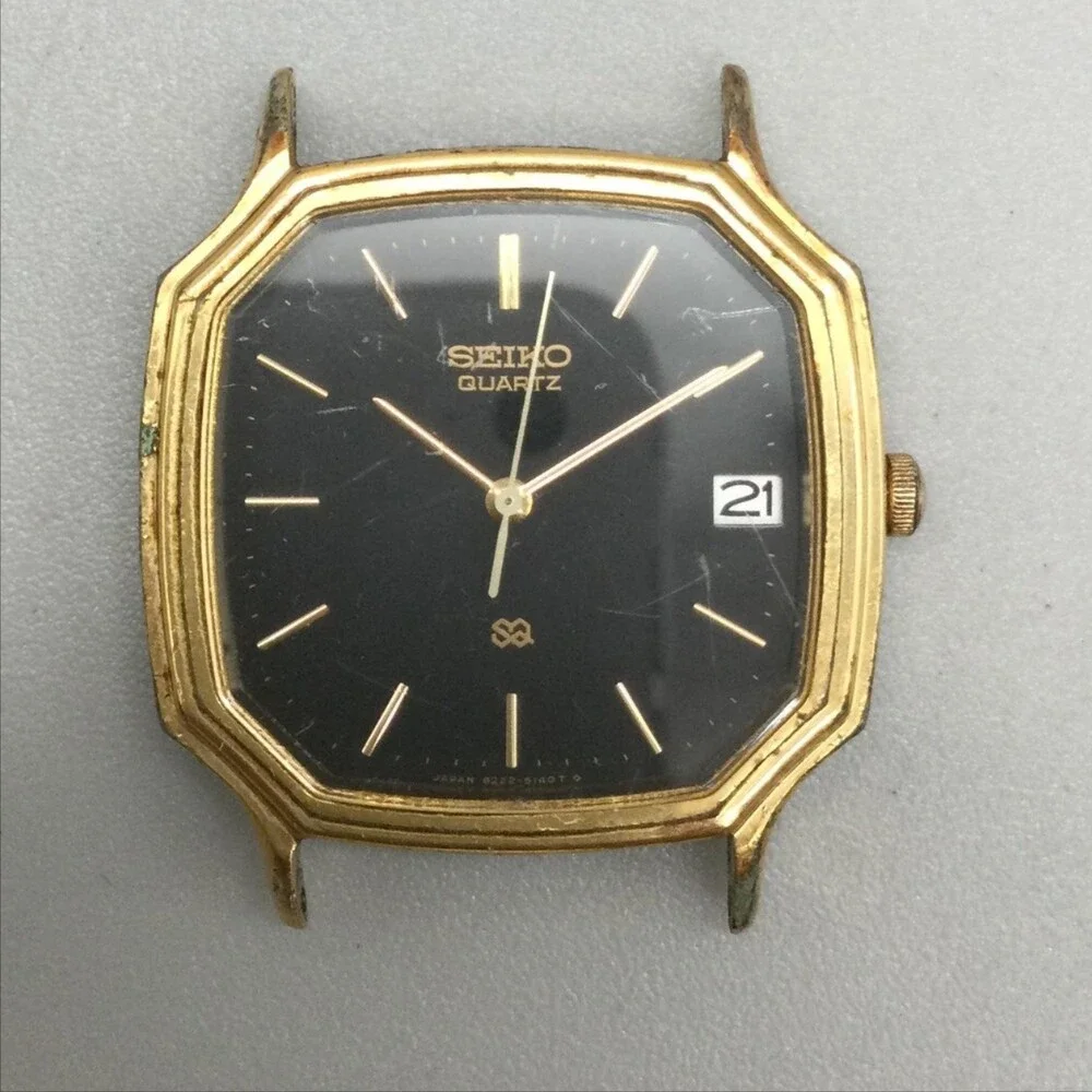 Vintage Seiko 8222-5109 Mens Watch 31mm Black Dial Gold Tone Date For Parts